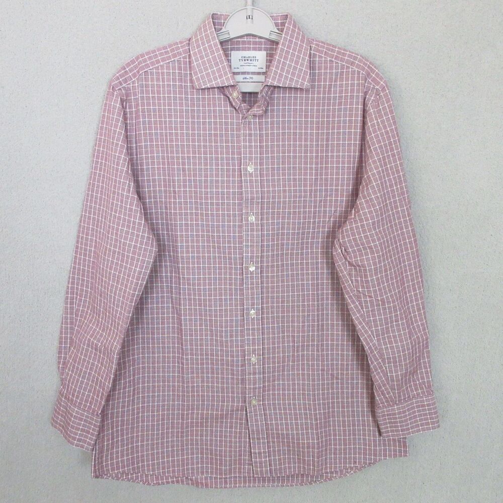Charles Tyrwhitt Dress Shirt Mens 16.5 35 Slim Fit Burgundy Check Long Sleeve